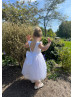 Cap Sleeves White Satin Tulle Pearls Embellished Flower Girl Dress